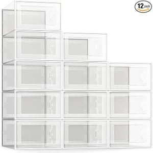 SEE SPRING 12 Pack Shoe Storage Box, Clear Plastic Stackable Shoe Organizer for Closet, Space Saving Foldable Shoe Rack Sneaker Container Bin Holder