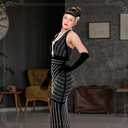 6 Pcs 1920s Elegant Rhinestone Mesh See Through Bodycon Dress with 20s Flapper Accessories Set (Black, M)