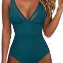 RXRXCOCO Women Sexy Mesh Tummy Control One Piece Swimsuit Ruched Slimming Shapewear Bathing Suit Lace Up Back Swimwear (Large, Turquoise)