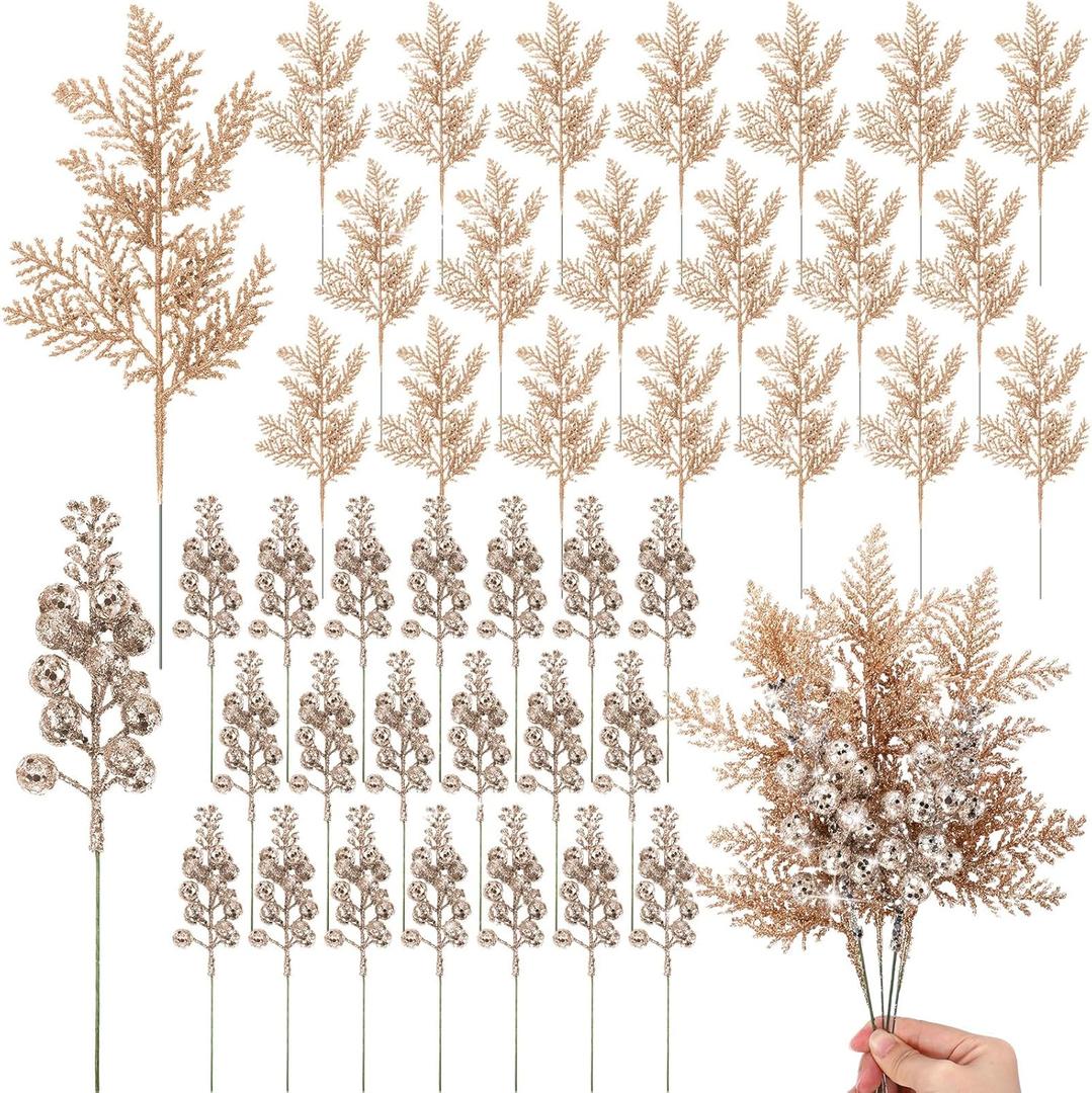 Cindeer 80 Pcs Champagne Gold Christmas Glitter Berries Stems Pine Needles Christmas Artificial Picks Fake Floral Twig Spray for Xmas Tree Ornaments DIY Wreath Garland Decorations