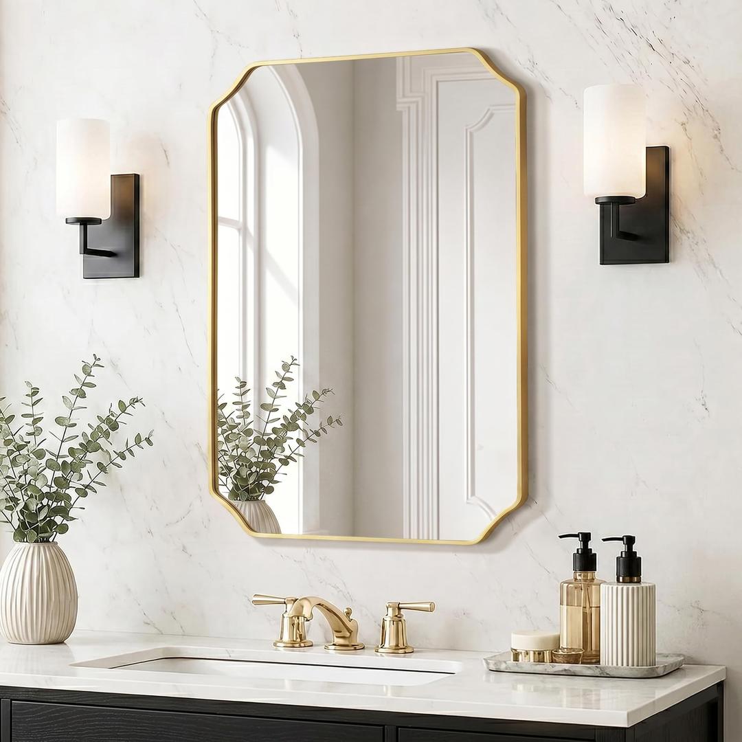 Delma Bathroom Vanity Mirror, Gold Framed Aluminum Bathroom Mirror for Over Sink, Scalloped Round Corner Wall Mirror, High-Definition Vanity Mirror, Hangs Horizontally or Vertically (36x24,Gold)