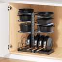 LAMU Pots and Pans Organizer under Cabinet, Expandable to 24" H Pan Organizers inside Cabinet for Kitchen Storage, 6 Adjustable Tiers and 6 Pot Lid Organizer Racks, Holds 12 Cast Iron Cookware Black