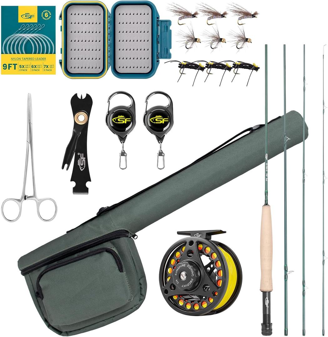 SF Fly Fishing Rod Combo Starter Kit Semi Gloss Green Jade Finish 24T Carbon Fiber Trout Travel Fly Rod with Reel,Fly Rod case,Fly Box , Flies,Tapered Leader,Knot Tying Tools (7'6'', 3wt, 4sec, M.F)