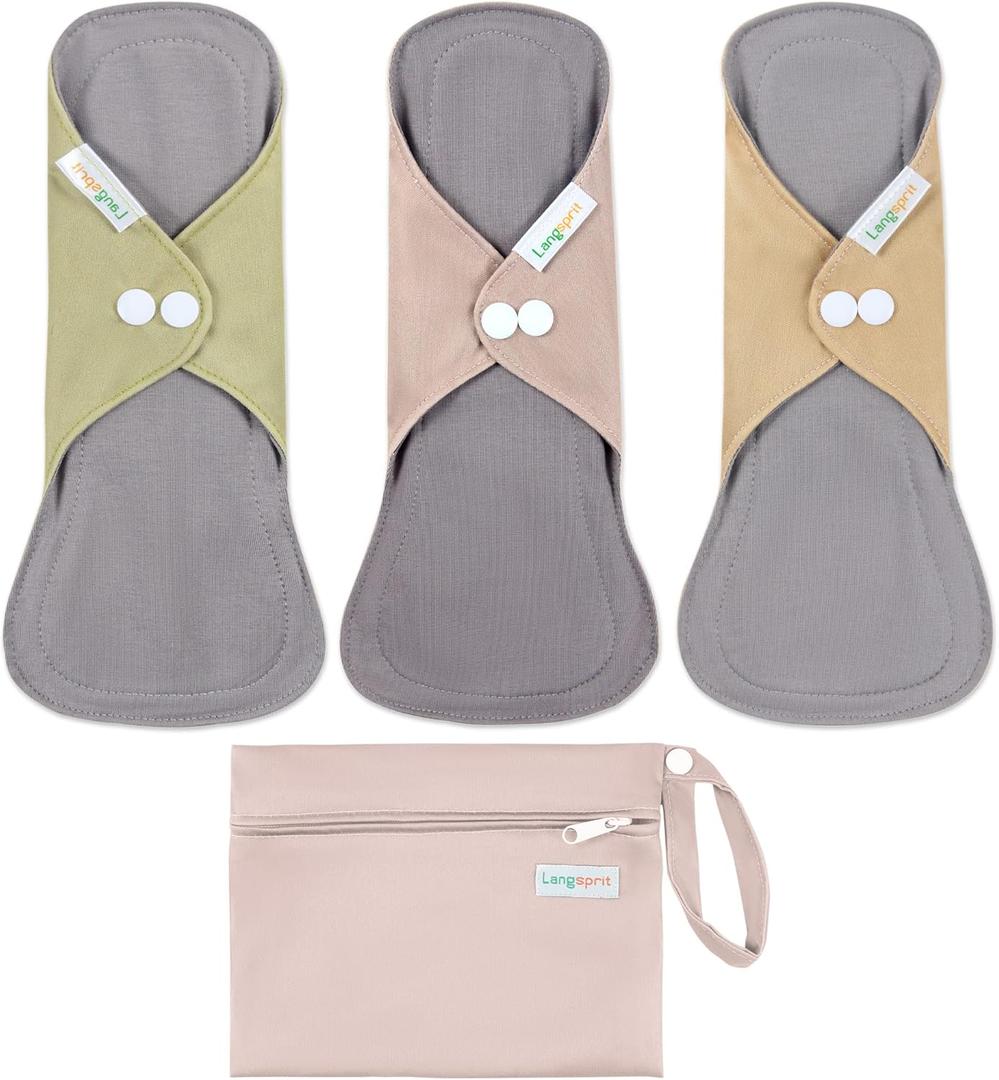 Langsprit Cotton Reusable Period Pads for Women, Washable Pads Menstrual, Regular Absorbency Cotton Cloth Menstrual Pads 3pcs Set with Mini Wet Bag, Suitable for Menstrual Period (Medium (Pack of 3), Green, Brown,yellow)