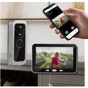 Doorbell Camera with Portable Monitor, Active Human Recognition Alerts Battery Powered No Forced Subscription 2.0MP