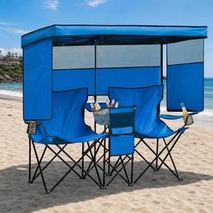 Double Beach Chair with Canopy Shade Oversized Camping Chairs witi Cooler Bag Folding Loveseat for Outside Lawn Camping