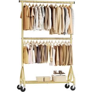 HYSEYY Heavy Duty Clothes Rack, Double Rod Clothing Rack for Hanging Clothes, Rolling Garment Rack, Adjustable Freestanding Wardrobe Closet Coat Rack for Bedroom Laundry Living Room, Gold
