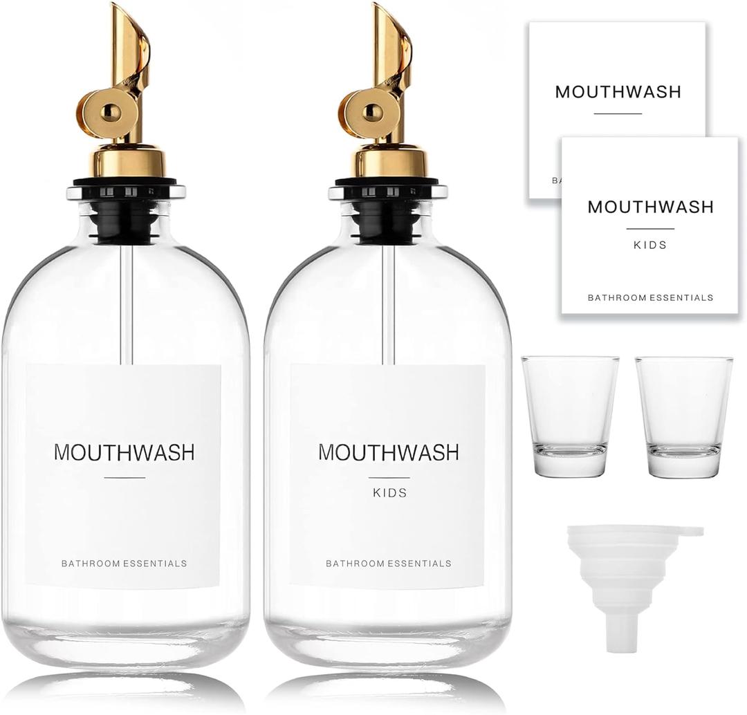 Mouthwash Dispenser for Bathroom, 12.7 Oz, 2 Pack - Glass Mouthwash Bottle with 304 Stainless Steel Spout & Minimalist Labels, Style Mouthwash Container, Gold