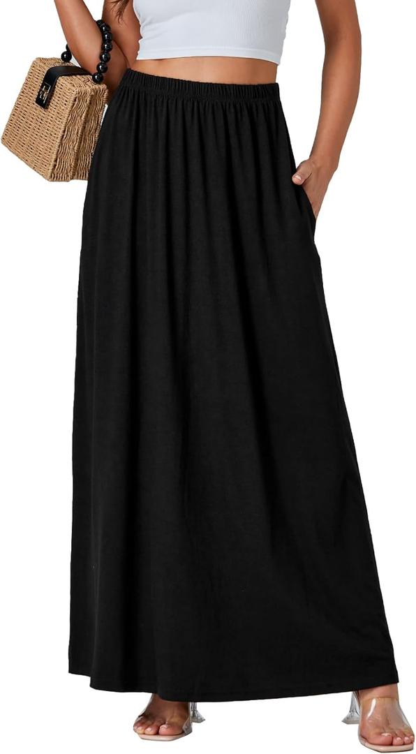 Vrtige Women's Casual Elastic High Waist Flowy Hem A Line Maxi Skirt with Pockets XL