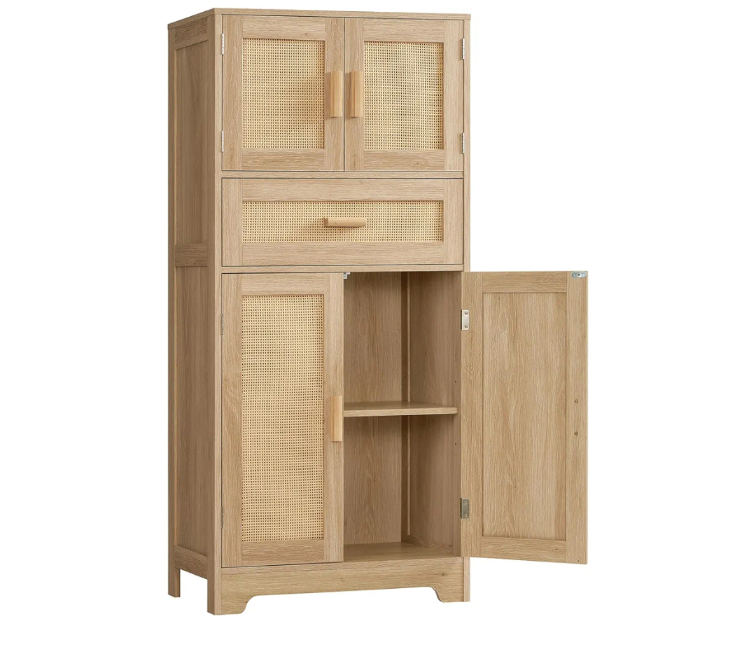 47.2" H Tall Storage Cabinet with Adjustable Shelf, Rattan Cabinet with Large Drawer, Cupboard for Living Room, Dining Room, Entryway, Home Office, Natural