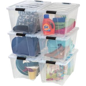 IRIS USA 54 Qt Stackable Plastic Storage Bins with Lids, 6 Pack - BPA-Free, Made in USA - See-Through Organizing Solution, Latches, Durable Nestable Containers, Secure Pull Handle - Clear (54 Qt. - 6 Pack, Clear)