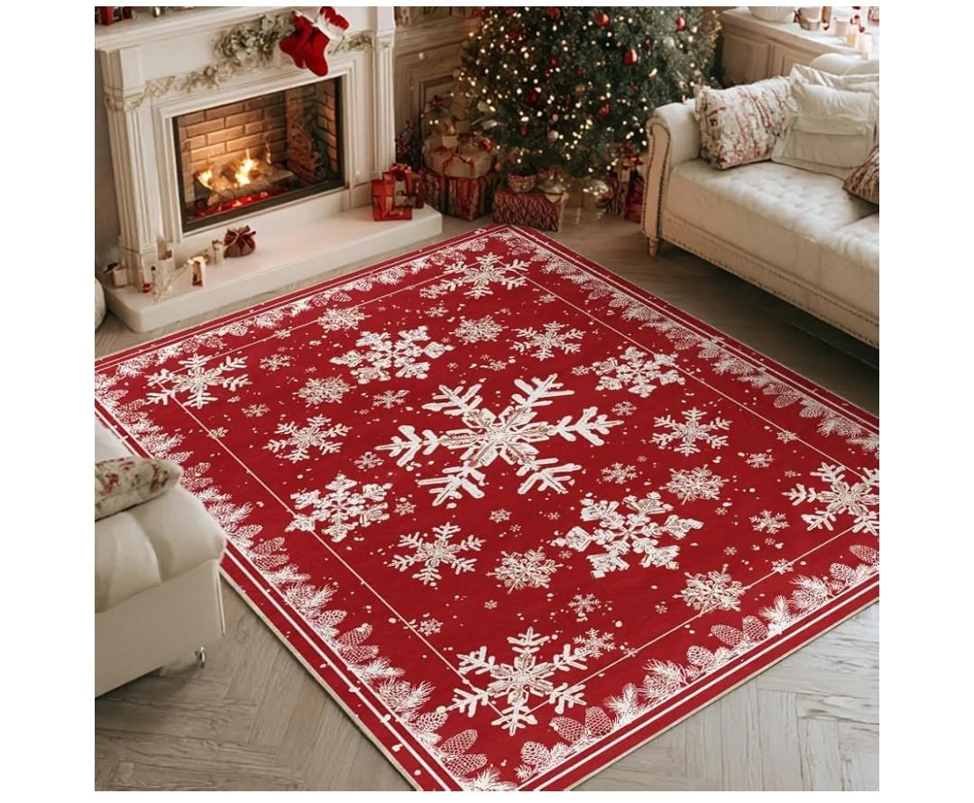 Artoid Mode Red Snowflake Pinecone Winter Area Rug, Christmas Home Decor Low-Profile Non-Slip Washable Large Rug for Living Room Bedroom Farmhouse Dining Room Kids Playroom 5x7 Feet