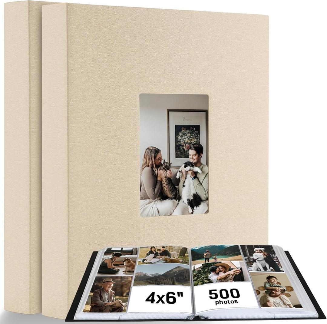 Photo Album 4x6 500 Pockets 2pcs, Large Capacity Picture Book for Photos with Front Window, Leather Cover Photo Album Book for Family Baby Kids Wedding Travel Birthday Pictures, Beige