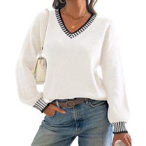 ATHMILE Womens Sweaters V Neck Long Sleeve Contrast Knit Casual Pullover Fall Winter Outfits Cute Tops 2026 (Medium, White)