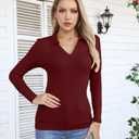 VICHYIE Womens Long Sleeve Shirts Lapel Collared V Neck Slim Fitted Ribbed Knit Trendy Tight Polo Tops (L)