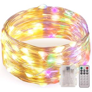 Ariceleo 1 Pack Warm White & Multi-Color Battery Operated String Lights, 5M/16.4ft. 50 LEDs Remote Control Timer 12 Modes Optional Twinkle Battery Powered Fairy Lights Sliver Wire Firefly Lights