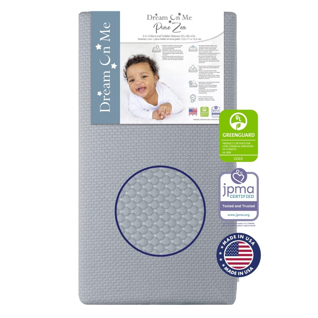 Dream On Me 2 in 1 Infant Crib and Toddler Bed Mattress, Greenguard Gold and JPMA Certified Crib Mattress, Copper-Infused Toddler Layer, Removable Zipper Cover, Pure Zen White and Grey (Grey & White)