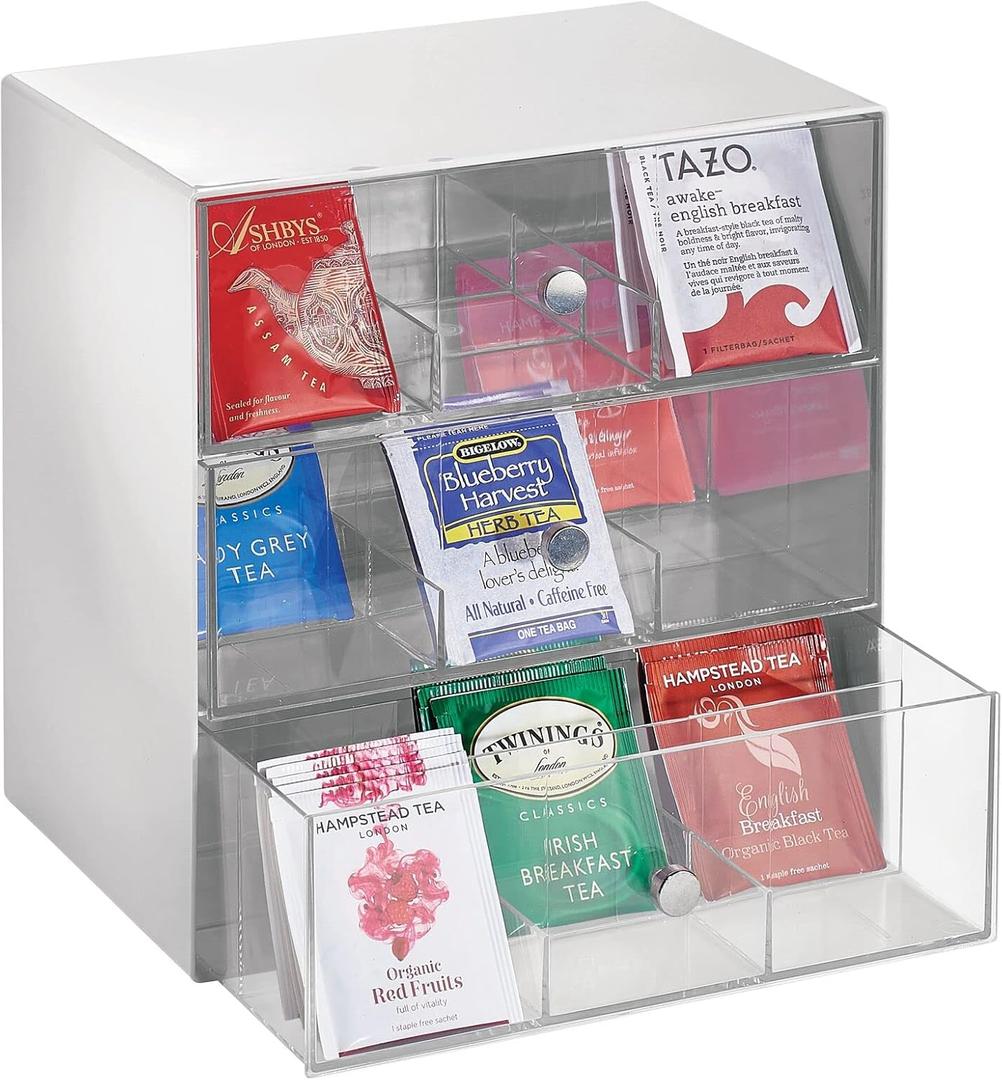 mDesign Plastic Tea Bag Caddy Box Storage Container Organizer Holder with 3 Drawers - for Kitchen Pantry, Cabinet, Countertop - Holds Coffee, Sugar Packets - Lumiere Collection, Light Gray/Clear