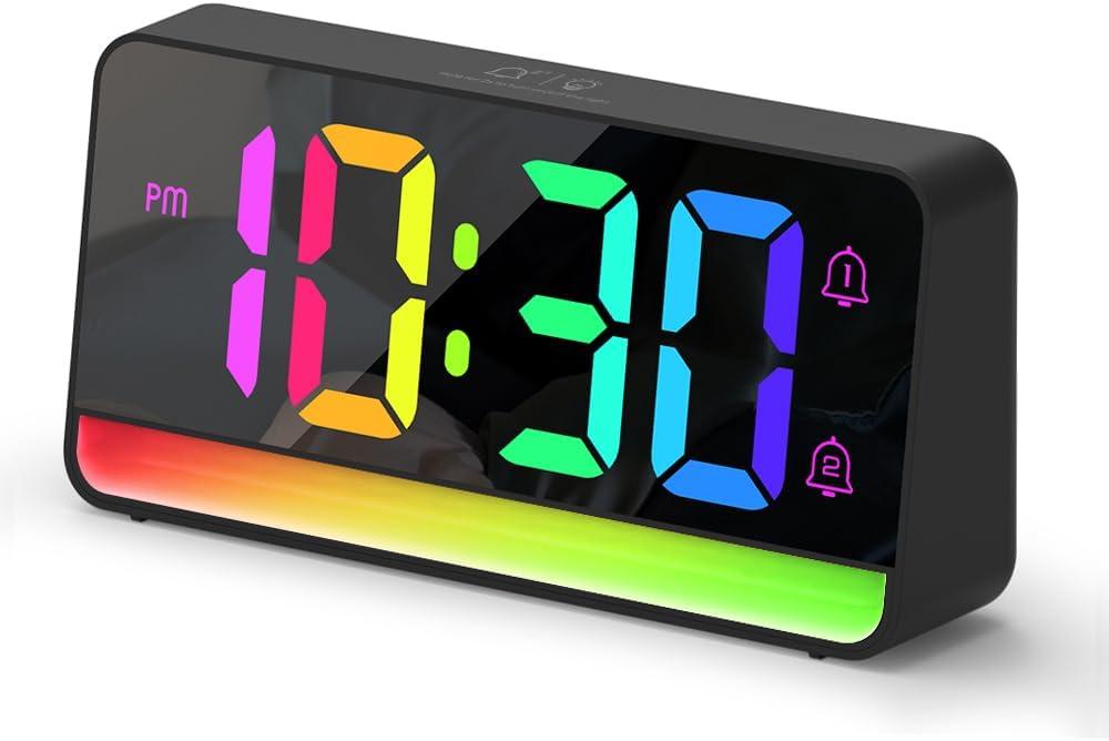 ALANAS Large RGB Digital Alarm Clock with Dynamic Color Changing Mood Lights, Dual Alarms, Snooze, Adjustable Volume & Brightness, USB Ports, DST, Plug in Clock for Bedrooms, Home Office Desk Decor