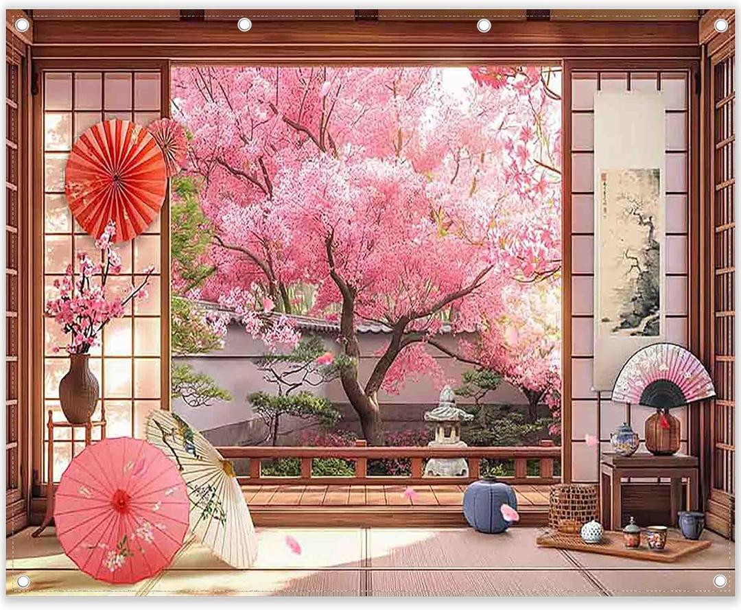 10x8ft Fabric Spring Cherry Blossoms Backdrop Japanese Sakura Garden Photography Background Room Courtyard Indoor Party Decorations Photo Banner Props