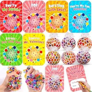 FLYSNK 24 Pack Valentines Day Cards for Kids with Fidget Stress Balls Valentines Mesh Grape Squeeze Toys Classroom Exchange Gifts, Party Favors & School Prizes for Boys Girls