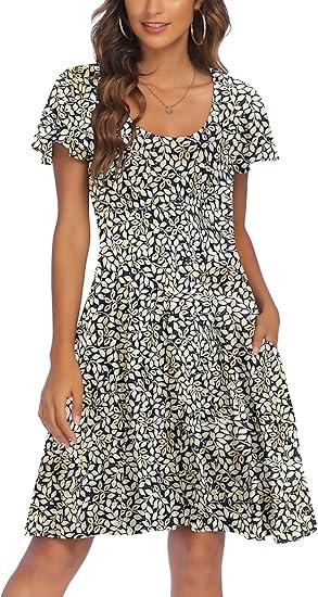 HOTOUCH Women's Casual Dress Floral Summer Dress Ruffle Sleeve Crewneck Flowy Swing Mini Dresses with Pockets, XL