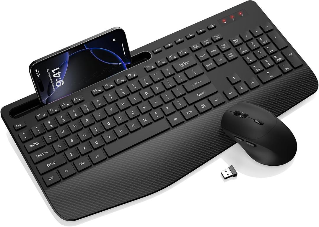 Wireless Keyboard and Mouse Combo - Full-Sized Ergonomic Keyboard with Wrist Rest, Phone Holder, Sleep Mode, 2.4G Quiet Keyboard for PC Laptop, Complete Work Setup for Office or Home -Trueque KM23