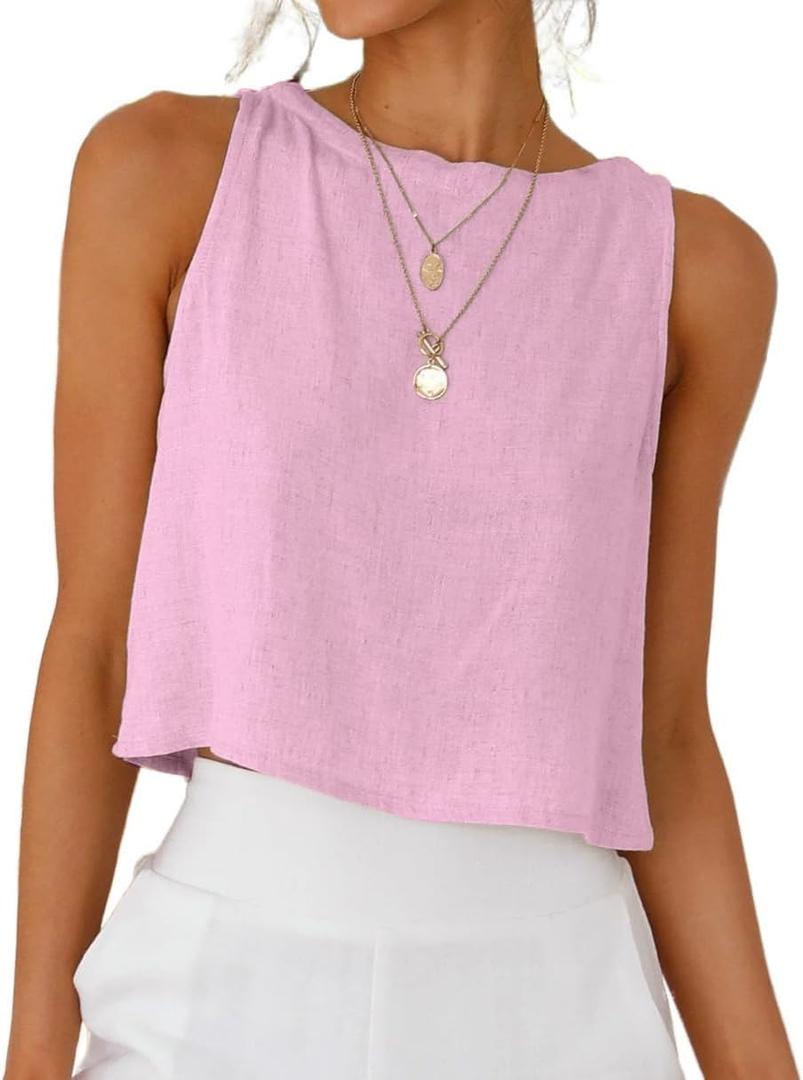 IDEALSANXUN Womens Linen Crop Tank Tops Cute Summer Sleeveless Cropped Linen Tops, XS