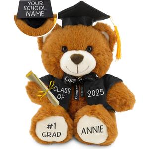 Personalized Graduation Teddy Bear Gift 2025 for Her Him, College, High School, 12 Inch - Cute Custom Brown Bear with Black Gown Add Your Name and Year on The Feet