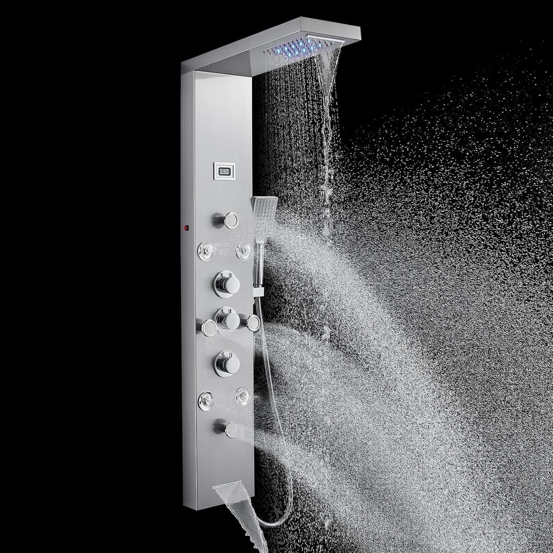 POPFLY LED Rainfall Waterfall Shower Panel Tower System, 4 Body Jets and 4 Mist Spray, 3-Function Handheld Shower, 304 Stainless Steel Shower Tower with Temp Display, Brushed