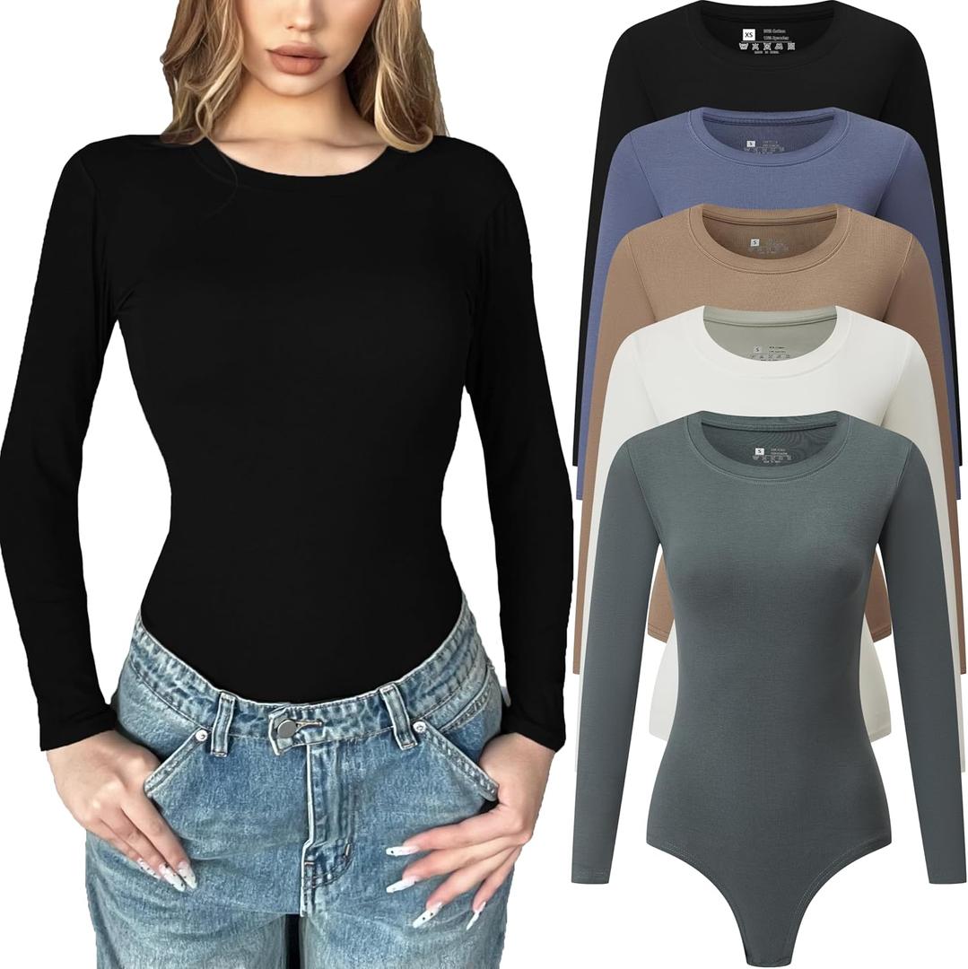 Chongbaijia 5 Pack Long Sleeve Bodysuit for Women Crew Neck Casual Stretchy Basic T Shirt Body Suits Tops Medium