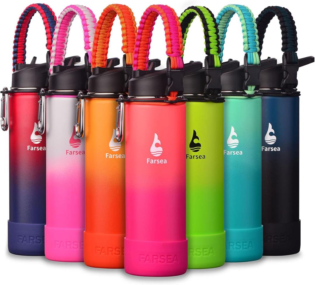Farsea Insulated Water Bottle With Paracord Handle, Protective Silicone Boot and 2 Lids (Straw Lid & Spout Lid), Stainless Steel Water Bottle Wide Mouth, Double Wall Sweat-Proof BPA-Free, 24 oz (Coral/Punch)