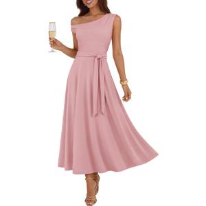 ZESICA Womens Summer Casual One Shoulder Maxi Dress 2026 Sleeveless Wedding Guest Flowy Vacation Dresses with Pockets, Pink, Small