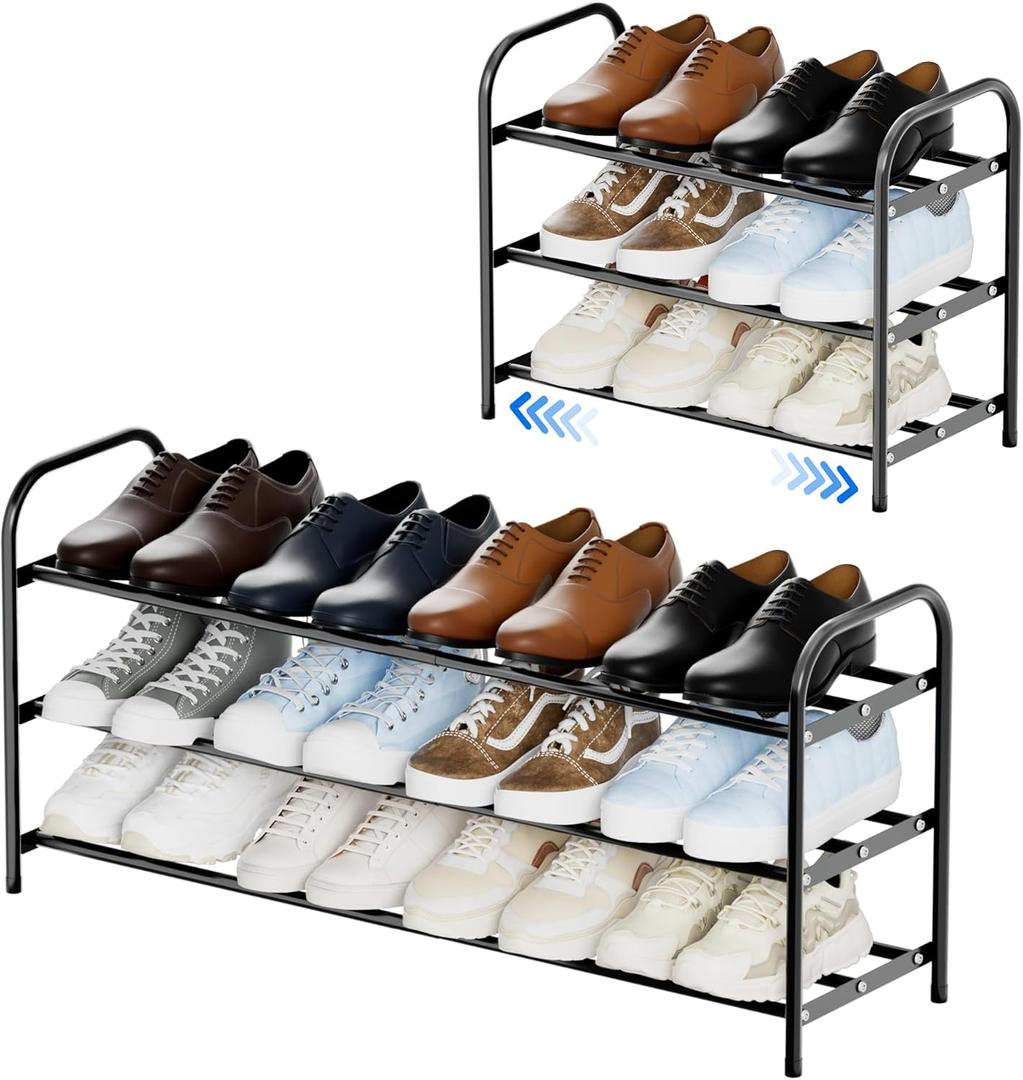 3-Tier Expandable Shoe Rack, Adjustable Width Shoe Organizer for Closet & Entryway, Extendable Metal Shoe Rack for Inside Closet, Space-Saving Shoe Storage Shelf Stand  Black