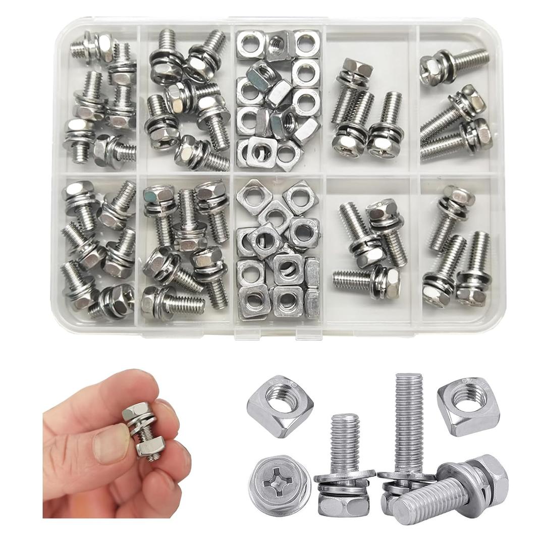 2 x 72 Pack-36 Sets M6 x 10/12/14/16/18/20 Stainless Steel 304 Hex Head Bolts Nuts Washers Assortment Kit for ATV Bike, Motorcycle, Scooter Battery Terminal