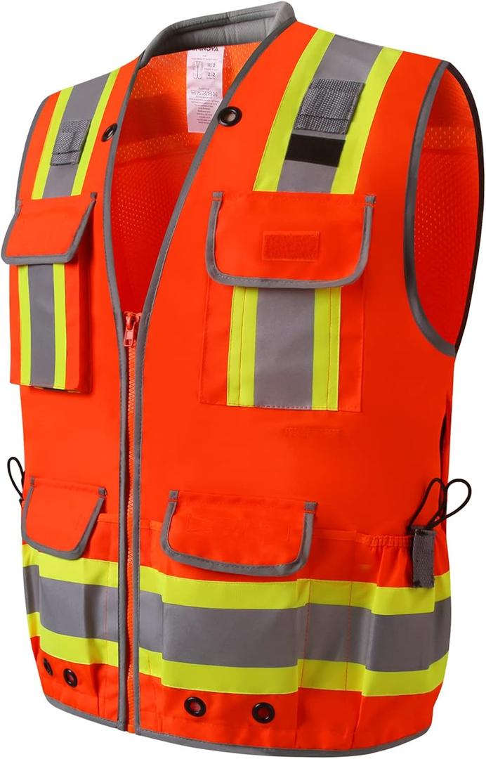 UNINOVA Surveyor Safety Vest Reflective for Men, Class 2 Heavy Duty Safety Vests Reflective with Pockets and Zipper, High Visibility Construction Work Vest (Orange, Medium)
