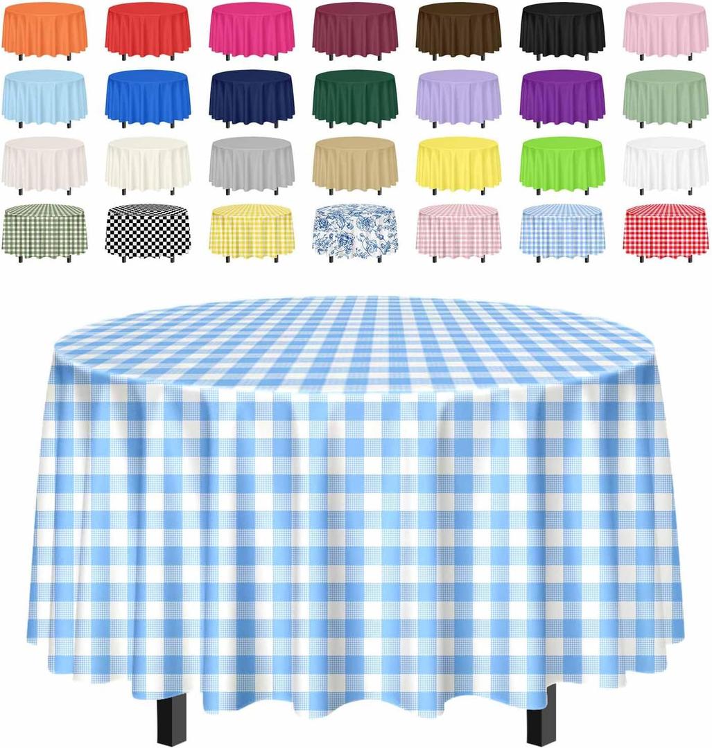 SietDESEO 2 Pack Light Blue Gingham Tablecloth Round 84 x 84 Blue and White Checkered Table Cloth Disposable Plaid Table Cover for Camping Picnic Wedding Party Supplies Circle Plastic Tablecloth