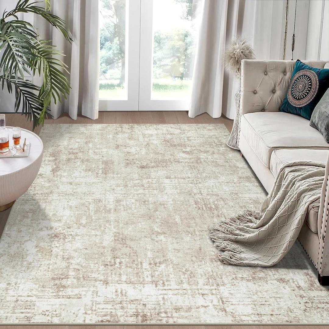 Area Rug 4x6 Washable Rug Beige for Living Room, Dining Room, Bedroom, Large Carpets, Non Slip & NonShedding Low Pile Vintage Print Rug for Home Office Decor