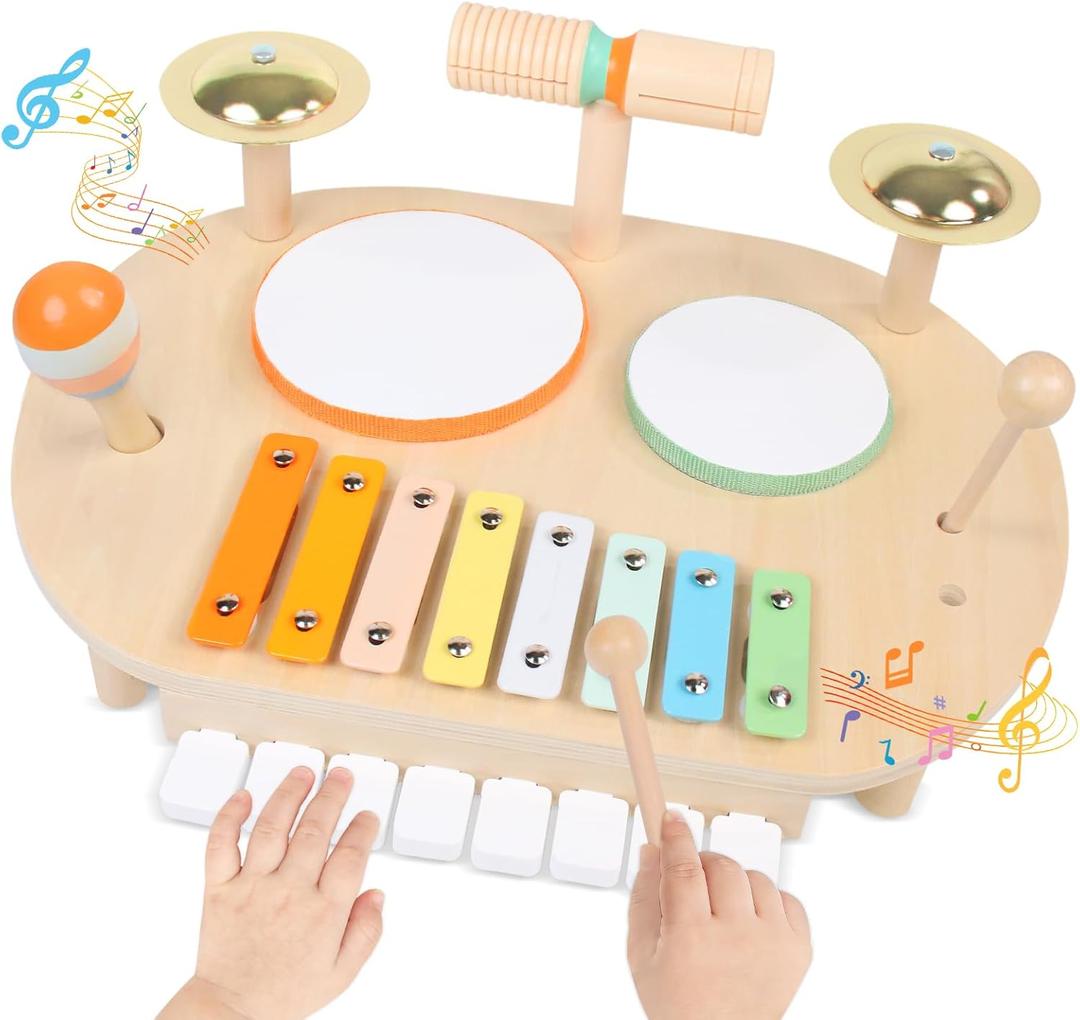Toddler Drum Set for Kids, Wooden Montessori Toys for 2 Year Old, Baby Musical Instruments Percussion Set with Xylophone, Toddler Gifts for 2 3 4 Year Old Girls Boys Kids