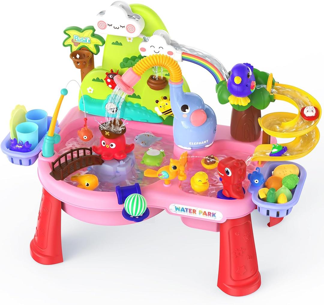 2026 Upgraded Water Table for Toddlers 1-3, Outdoor Toddler Toys Sand Water Pool Toys with Pump/Running Water/Fishing Toy/Play Food Accessories, Kitchen Play Sink Toys for Girl Boy Ages 4-8 (Pink)
