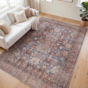 Kuden 6x9 Area Rug, Machine Washable Area Rug with Non-Slip Backing, Vintage Style, Soft, Easy Clean, Low Pile Rug for Living Room, Bedroom, Dining Room (Blue / Red / Beige)