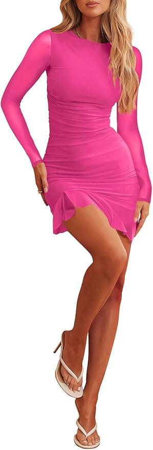 firfig Women's Sexy Ruched Bodycon Mini Dress Mesh Long Sleeve Ruffle Hem Club Cocktail Party Short Dresses, XL