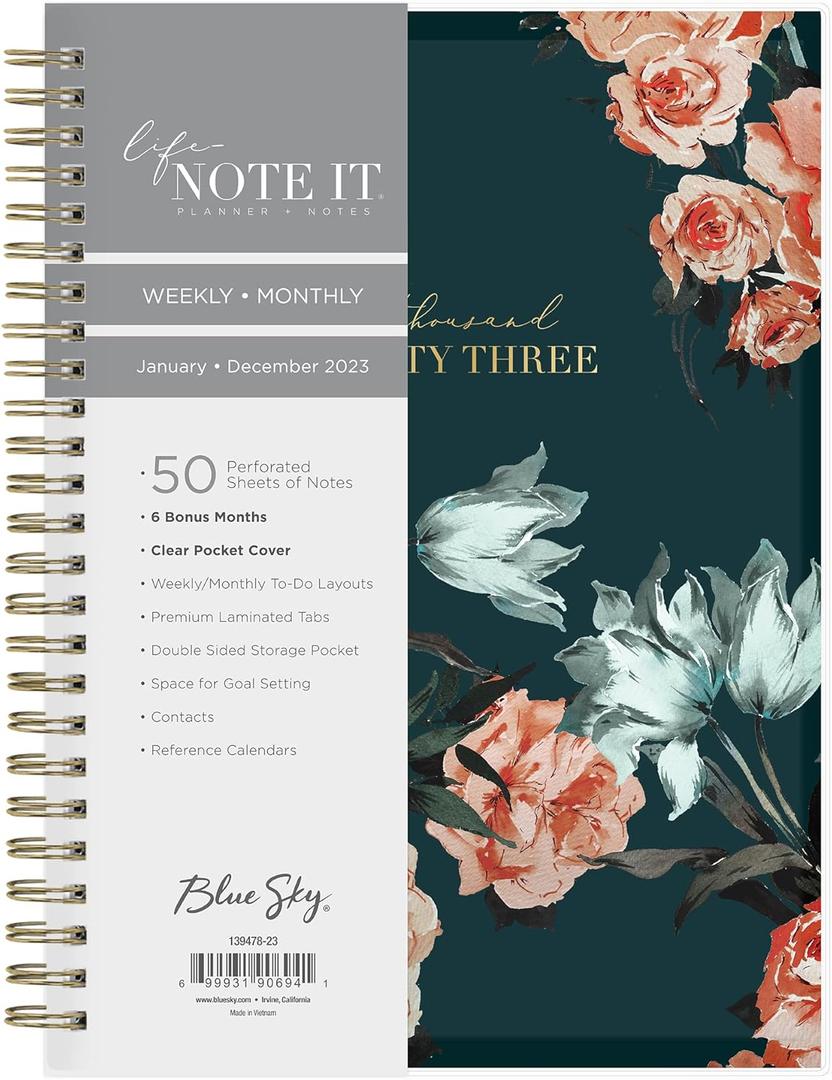 Blue Sky Life Note It 2023 Weekly and Monthly Planner Notes, 5.875" x 8.625", Clear Pocket Cover, Wirebound, Dania Dark (139478-23)
