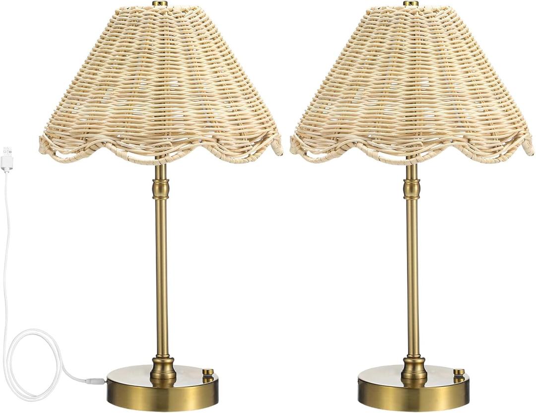 Retisee 2 Pack Rattan Table Lamps with Scalloped Lampshade Adjustable Lighting Bohemian Wicker Woven Lamp for Bedside Bedroom Home Office Restaurant Dining Table Decor