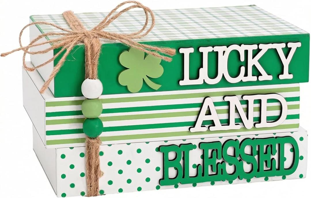 Valery Madelyn St Patrick's Day Decorations, St Patrick's Day Wooden Book Decor, Shamrock Decorations for Tiered Tray Shelf Coffee Table Side Table Home Office with Tassel and Beads, 5 inch (Medium)