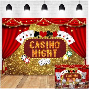 Las Vegas Gold Glitter Bokeh Photography Backdrops 7x5ft Polyester Casino Night Poker Dice Red Curtains Photo Background Birthday Party Prom Banner Studio Shoot Booth Props Dessert Cake Table Decor