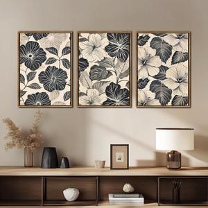 Timeless Artworks 3Pcs Framed Canvas Flower Wall Art Beige Retro Floral Artwork Prints Wildflower Wall Decor for Living Room Dining Room Bedroom Office Bathroom 16" x 24"