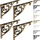 Shelf Brackets 8 Inch 4 Pack Heavy Duty Antique Brass Wall Bracket Victorian Kitchen Decorative Rack Shelves, (4, Antique Brass)