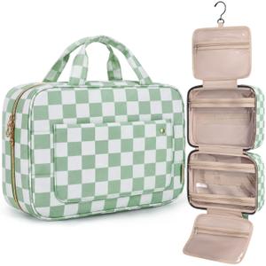 BAGSMART Toiletry Bag Travel Bag with Hanging Hook, Water-resistant Makeup Cosmetic Bag Travel Organizer for Accessories, Shampoo, Full-size Container, Toiletries (Green Checkerboard, Large)