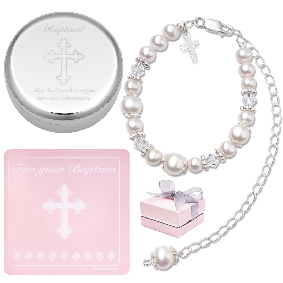 Baptism Bracelet in Sterling Silver and Cultured Pearls for Baby Girls, with Silver-plated Jewelry Keepsake Box, Great Catholic Christening and Baptism Gifts for Girl
